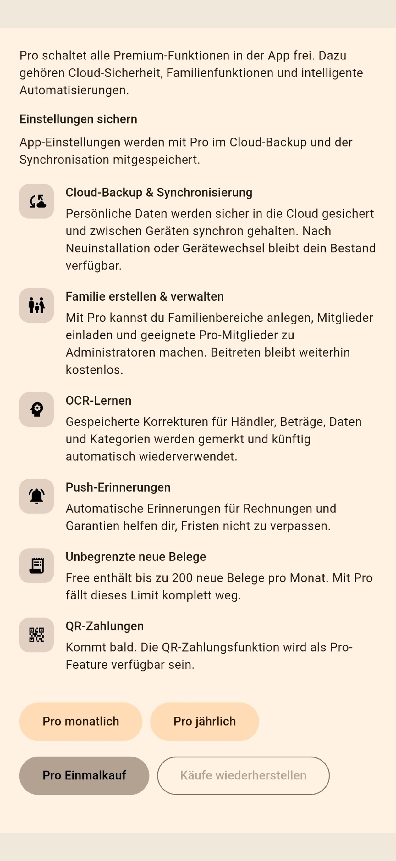 Screenshot der Pro- oder Abo-Seite von Finance Organizer