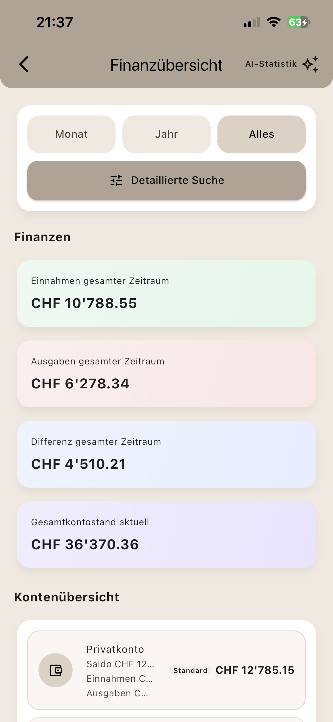 Finance Organizer Finanzübersicht auf dem iPhone