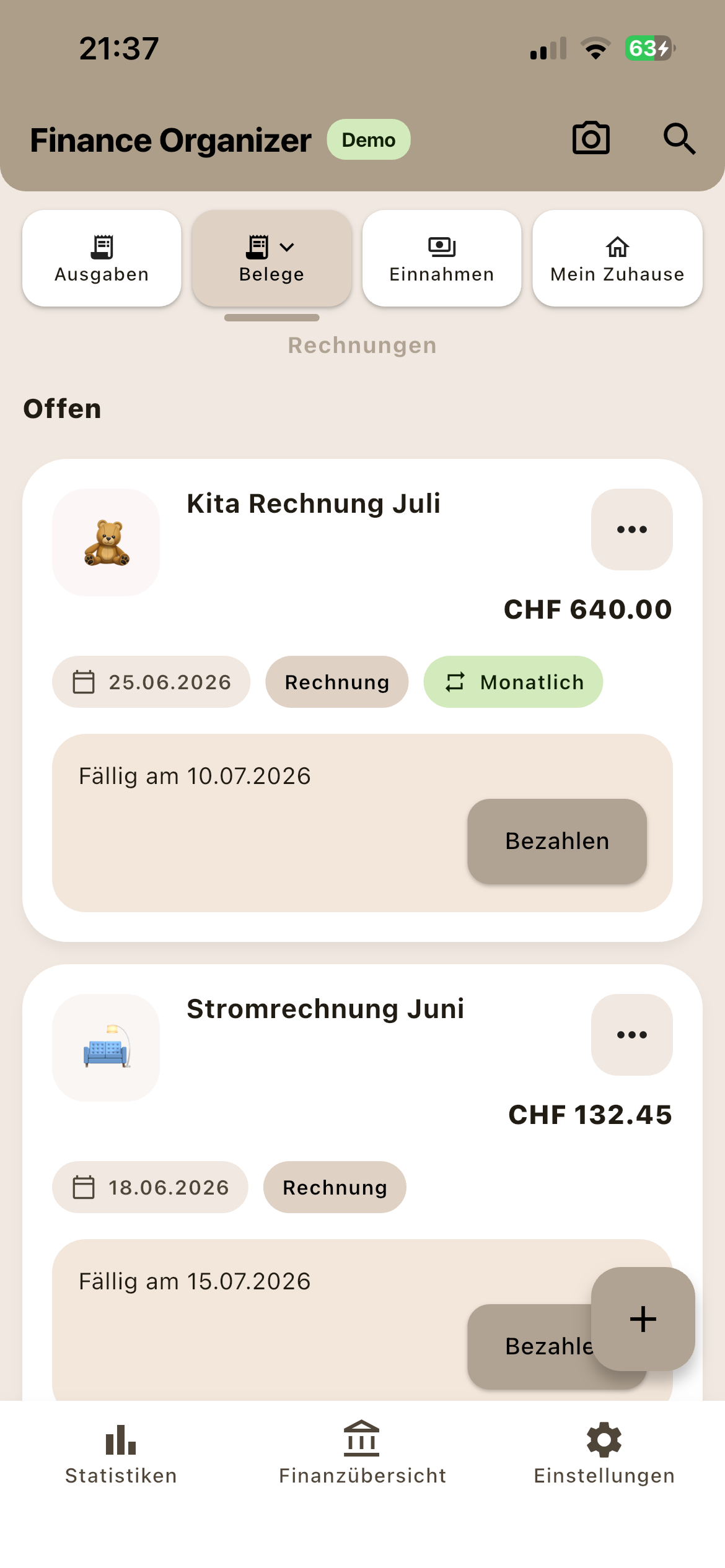 Rechnungsübersicht in Finance Organizer mit offenen und erledigten Einträgen