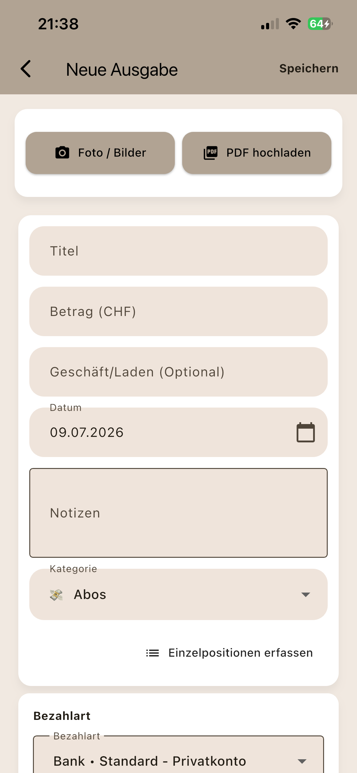 Belegerfassung mit erkannten Einzelpositionen und Kategorien in Finance Organizer