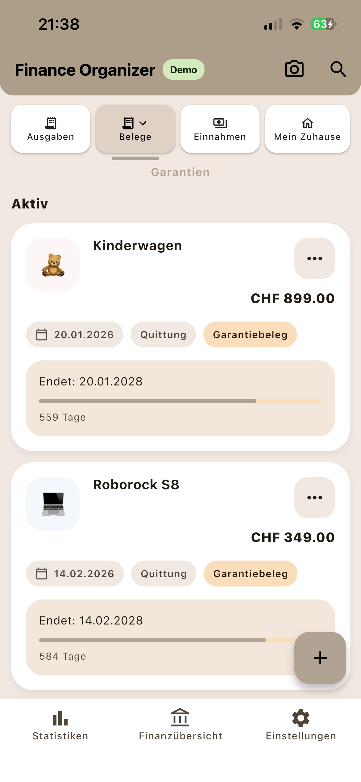 Garantieübersicht in Finance Organizer mit Produkten und Fristen