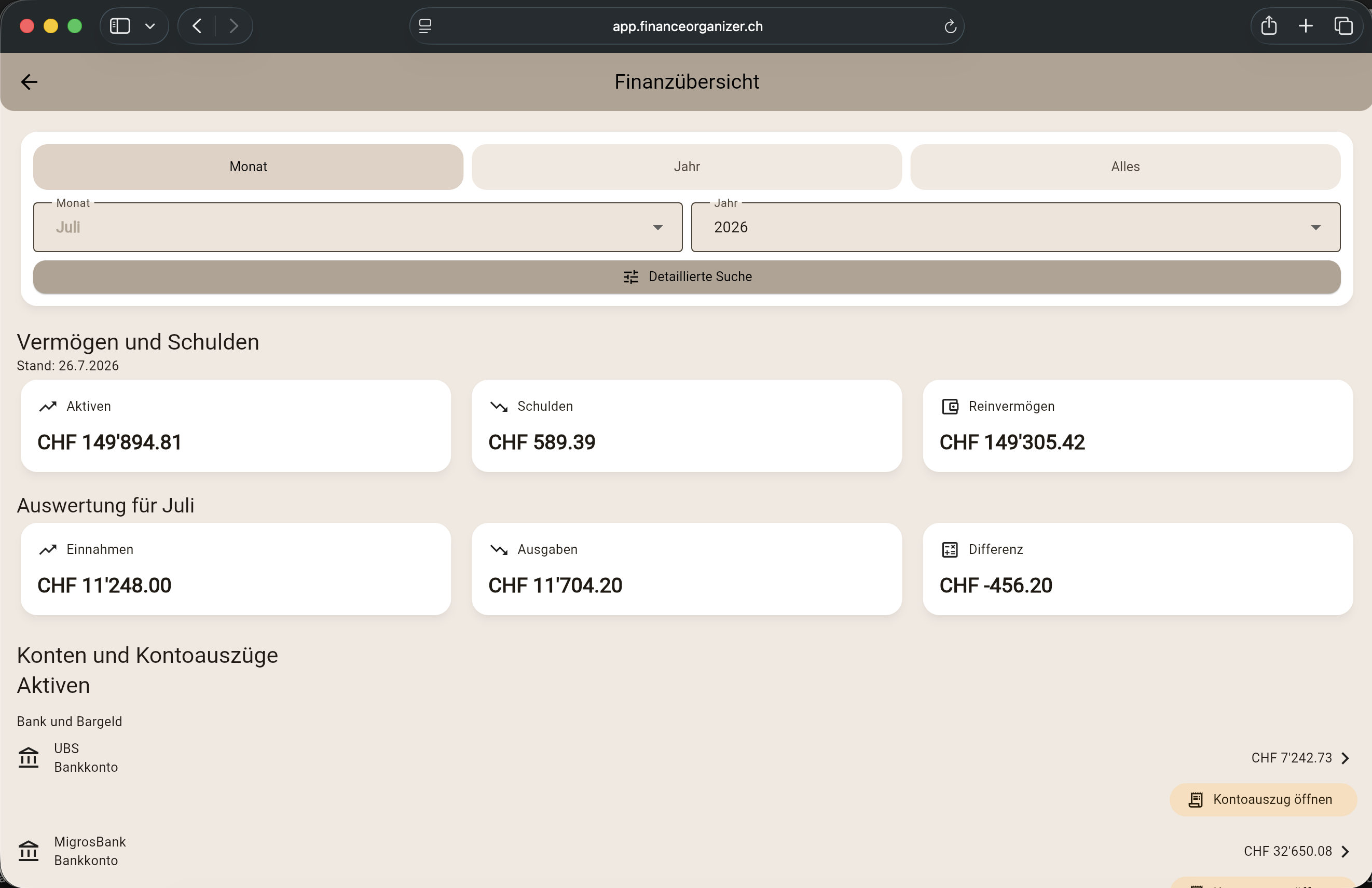 Buchhaltung Lite in der Web-App mit Aktiven, Passiven, Kontengruppen und Reinvermögen