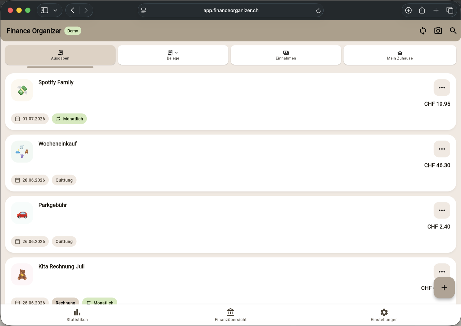 Web-App von Finance Organizer mit Beleg- und Finanzübersicht