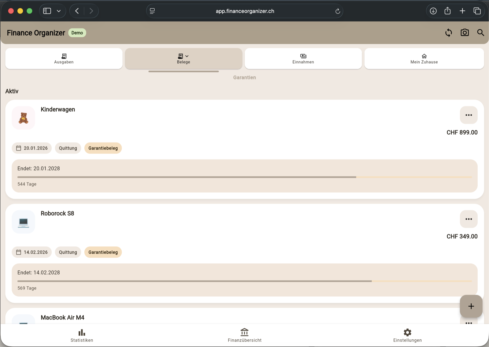 Web-App von Finance Organizer mit Garantieübersicht